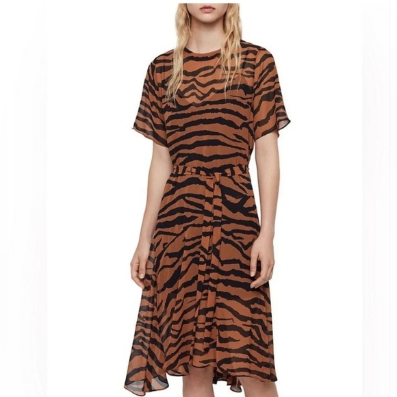 All Saints Dresses & Skirts - NWT All Saints Enki Zephyr tiger print chiffon asymmetrical belted midi dress